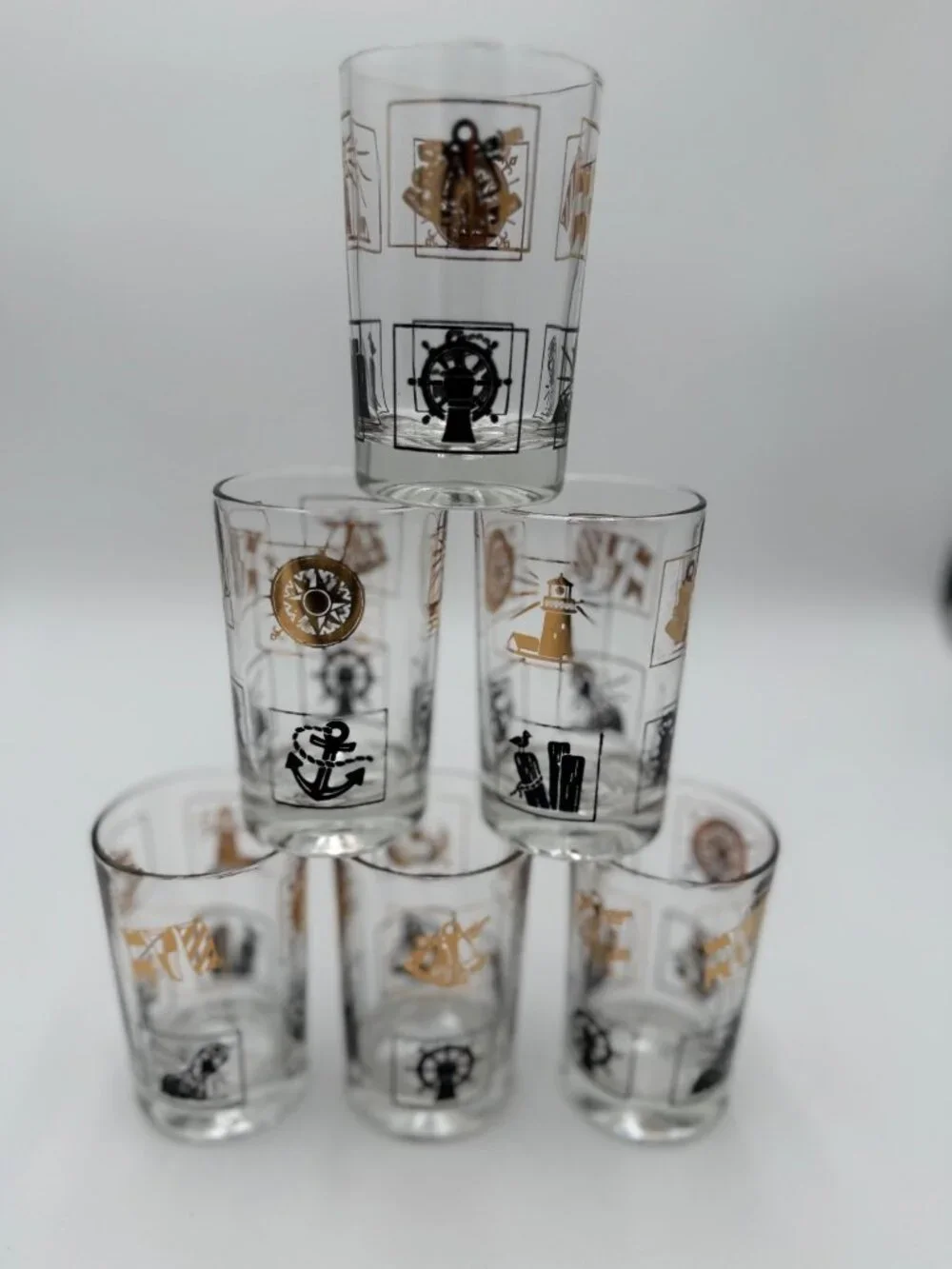 Vintage Barware Set 6 Nautical MCM Clear Glasses Gold Black Maritime Old fashion